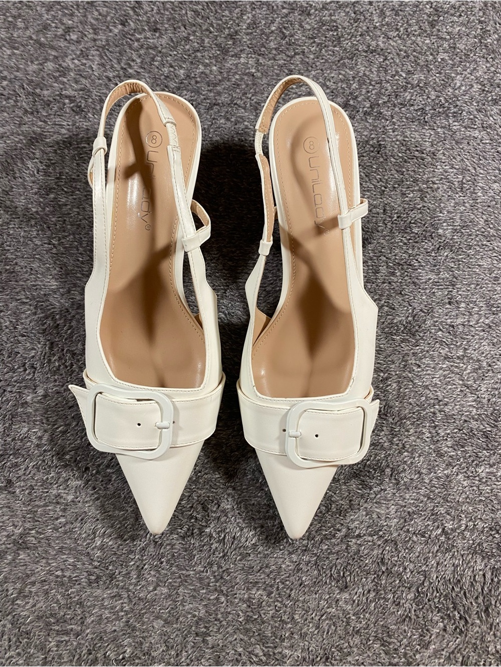Unilady White Pointed Slingback Pumps with Buckle Accent